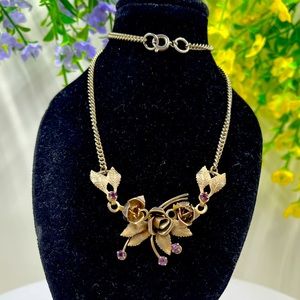 Vintage Rose Bouquet Flower Bib Necklace with Purple Crystal Accents